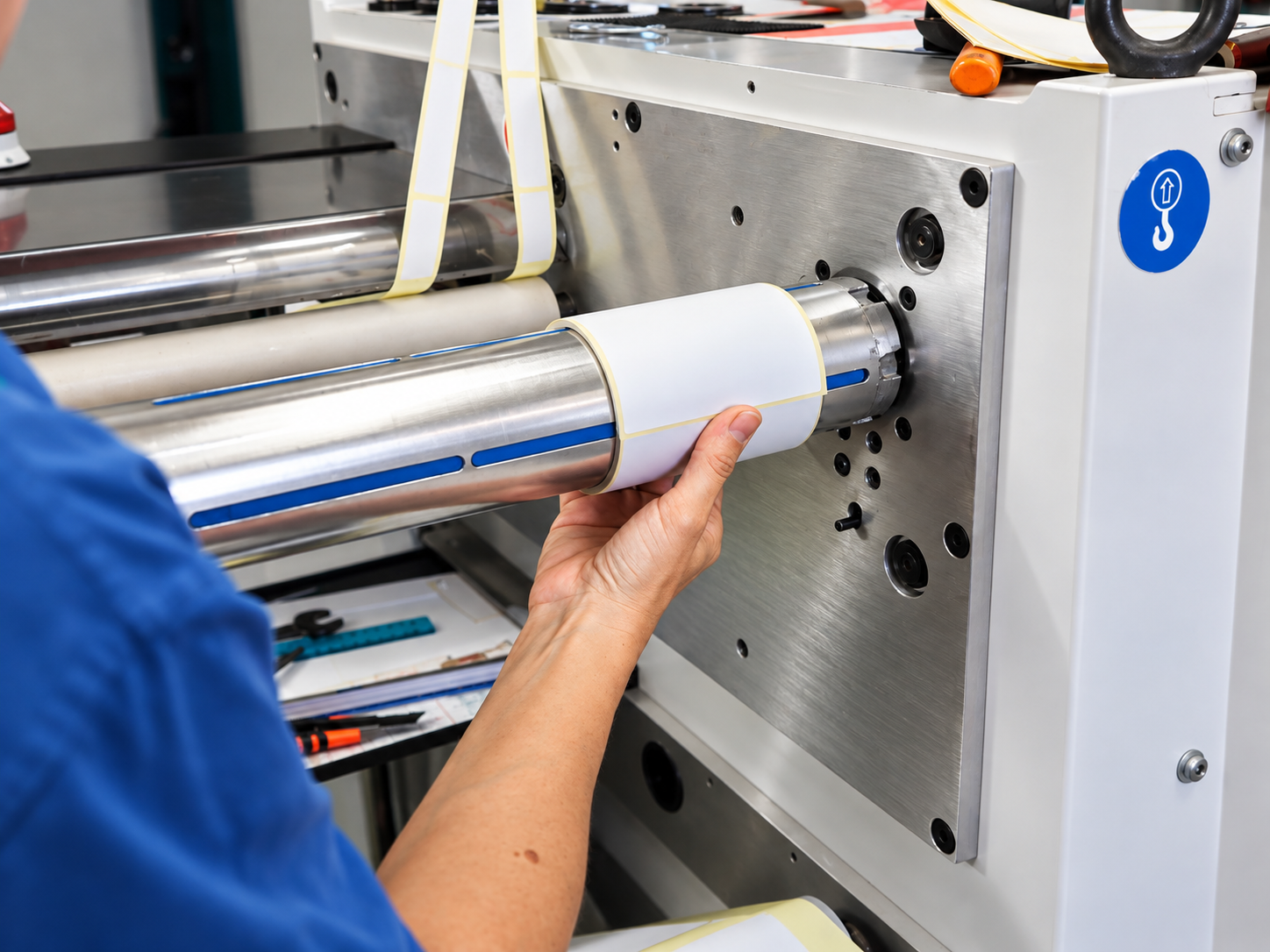 Operatore in produzione che posiziona una bobina di etichette su una macchina di lavorazione